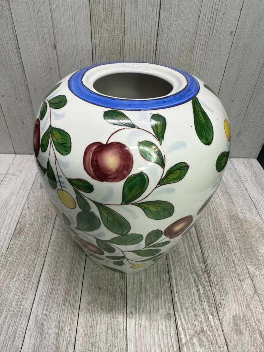 Vintage Chinese Cherry Berry Fruit Painted Vase Jar Red Stamped 8 Inches Tall
